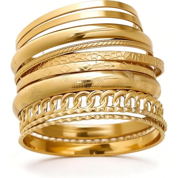 Gold Bangle Bracelets for Women, Indian Bangles Stackable Set, Multi Layer Textu - Picture 1 of 9